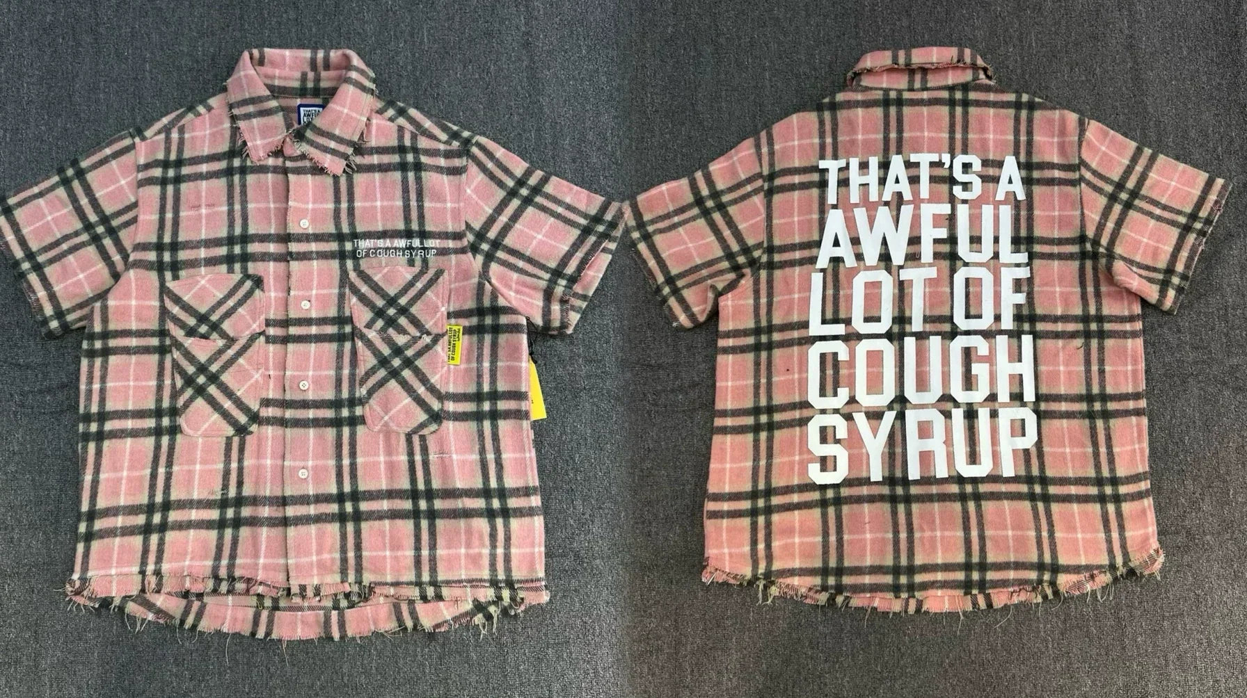 That's A Awful Lot Of Cough Syrup Distressed Plaid Button-Down Shirt - Pink Plaid